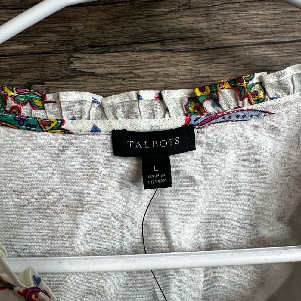 Talbots White Ruffled Flutter Sleeve Paisley Blouse - Picture 3 of 8